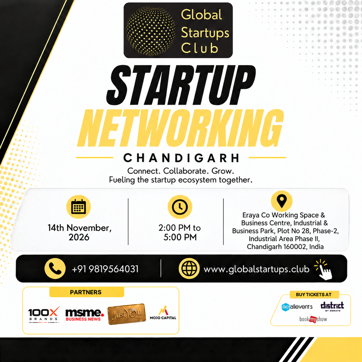 Global Startups Club Chandigarh Startup Networking flyer for 14 November 2026, 2:00 PM to 5:00 PM IST, Eraya Co Working Space & Business Centre, Industrial & Business Park, Plot No 28, Phase-2, Industrial Area Phase II, Chandigarh 160002, India